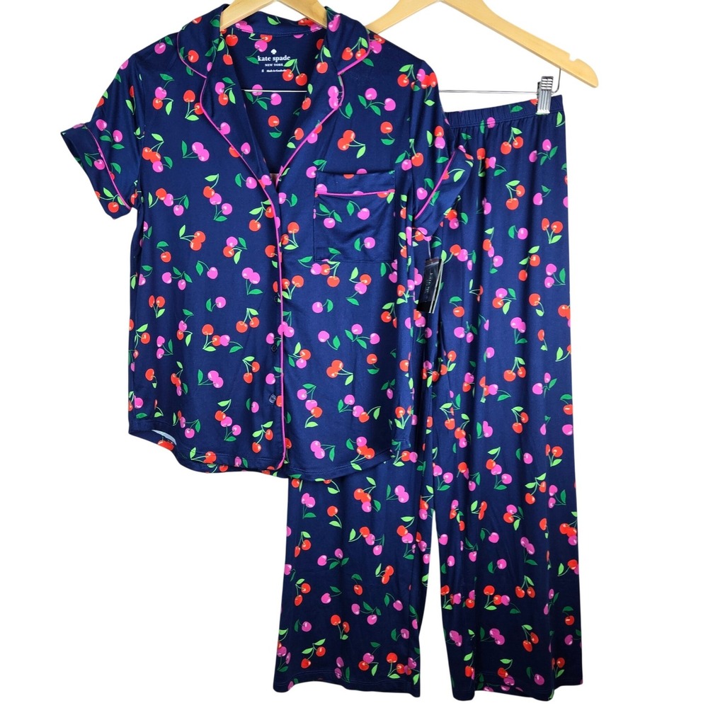 Kate Spade New York Cherry Print Cropped Pajama Set Indigo Blue KS82786T S NEW